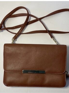 Attention Brown Leatherette Crossbody Flap Wallet Bag with Strap faux leather
